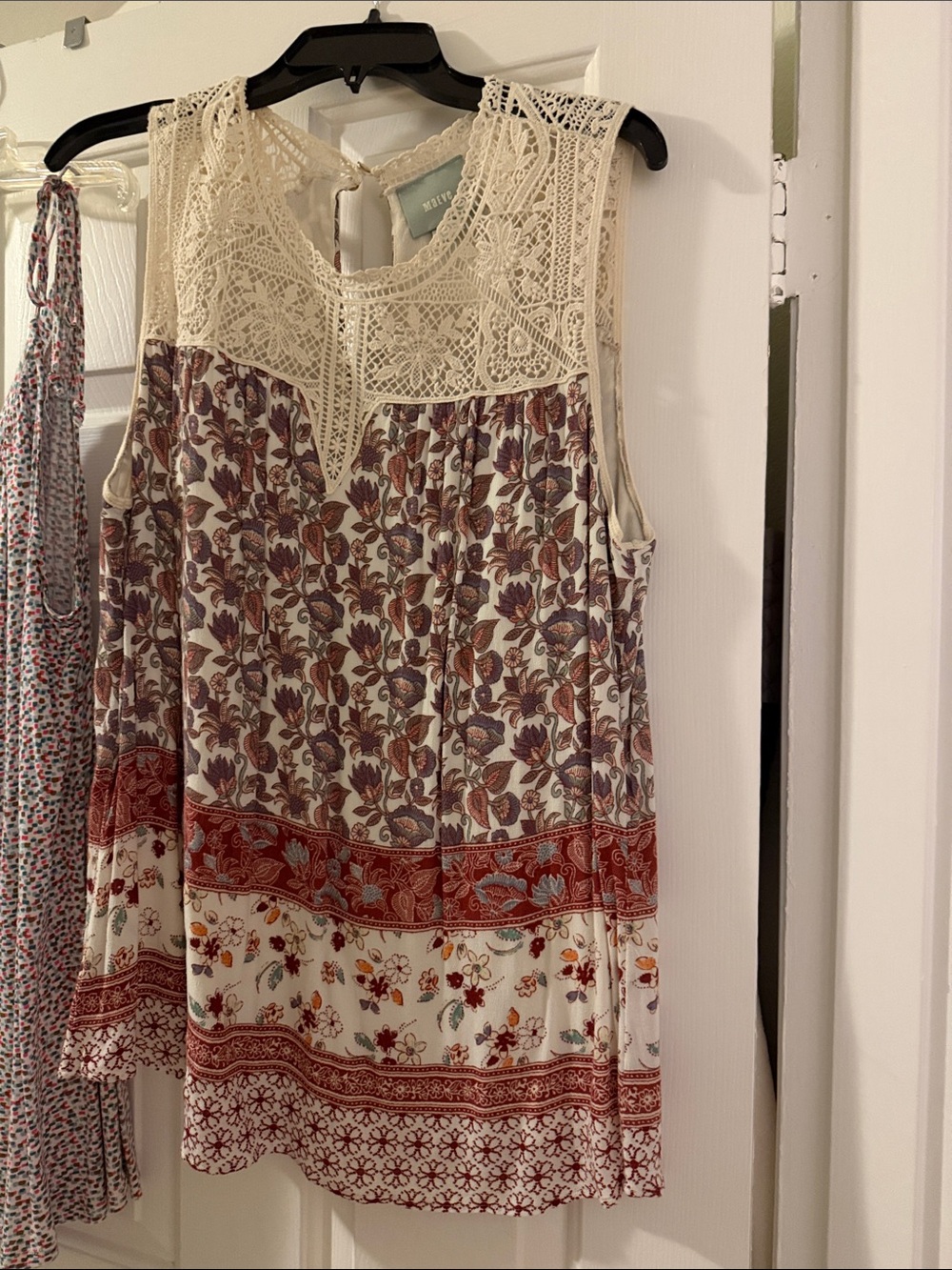 Maeve Cream Lace Yoke Sleeveless Floral Top with Red Accents